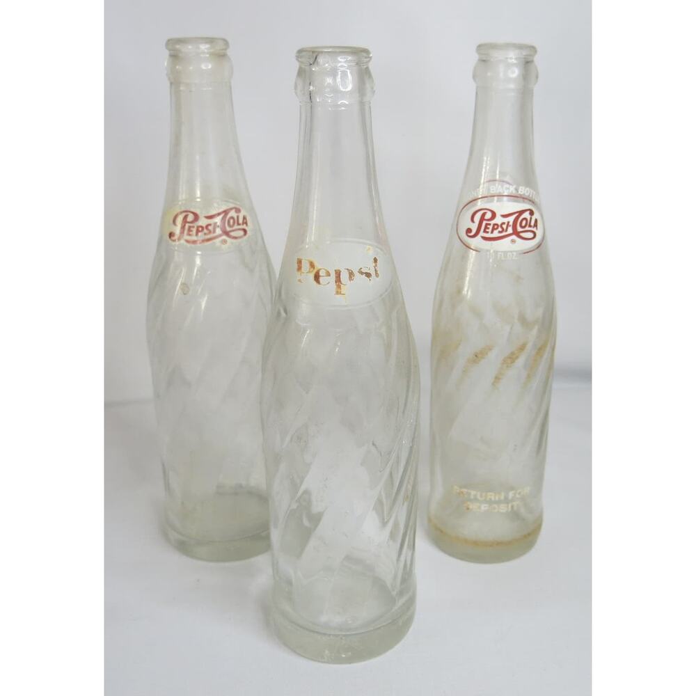VINTAGE 3 Glass PEPSI BOTTLES Swirl 12 Ounce Soda Pop Clear Bottles Collectibles